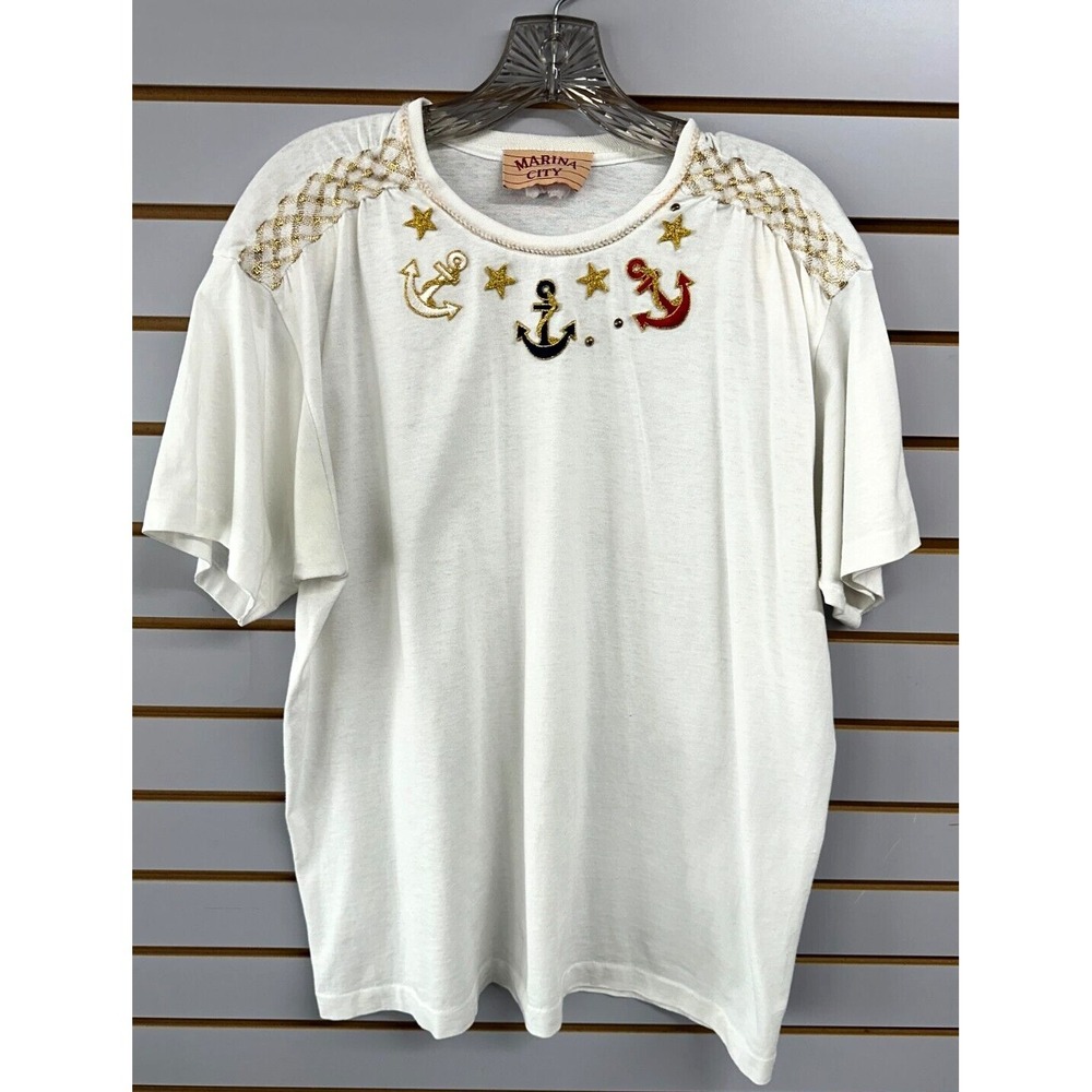 Vintage Marina City Womens Large T-Shirt Nautical‎ Embroidered Anchor Yacht Tee